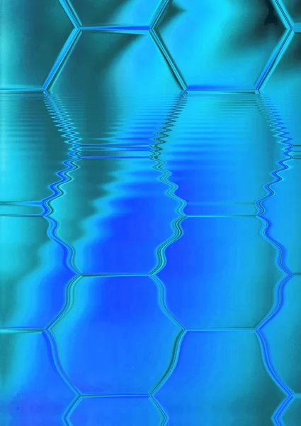 具有六角形马赛克瓷层的霓虹灯蓝色 然后通过反射水转化为波纹效果图案和图案 — 图库照片