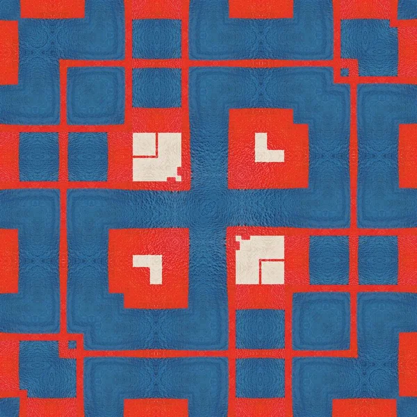 square format royal blue box design with red rectangular shapes and small white line geometric patterns