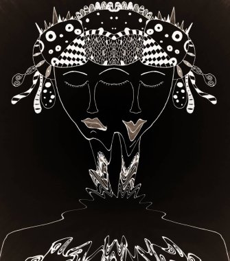 Siyah üzerine beyaz, mürekkep karalaması. Kendine güvenen, uzun boyunlu, abartılı saç modeli ve tasarımları olan, kendine güvenen genç bir bayanın ikiz kafası.