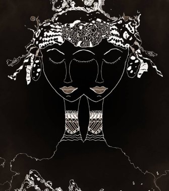 Siyah üzerine beyaz, mürekkep karalaması. Kendine güvenen, uzun boyunlu, abartılı saç modeli ve tasarımları olan, kendine güvenen genç bir bayanın ikiz kafası.