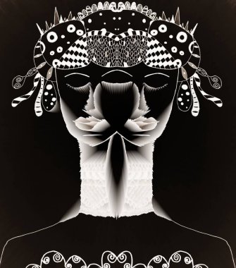 Siyah üzerine beyaz, mürekkep karalaması. Kendine güvenen, uzun boyunlu, abartılı saç modeli ve tasarımları olan, kendine güvenen genç bir bayanın ikiz kafası.