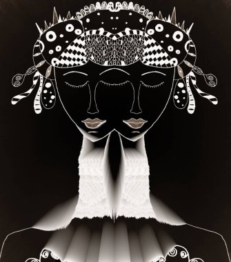 Siyah üzerine beyaz, mürekkep karalaması. Kendine güvenen, uzun boyunlu, abartılı saç modeli ve tasarımları olan, kendine güvenen genç bir bayanın ikiz kafası.