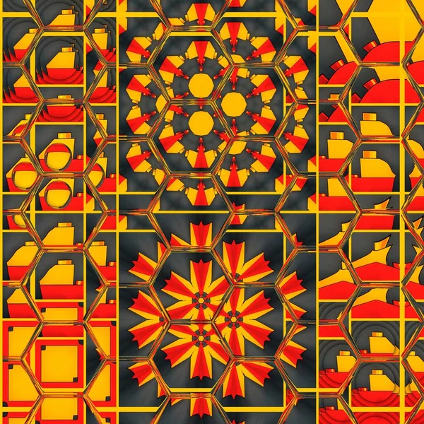 yellow red mosaic pattern and design variations by two four and six fold reflections with mosaic in shades between dark and light colors on grey black background