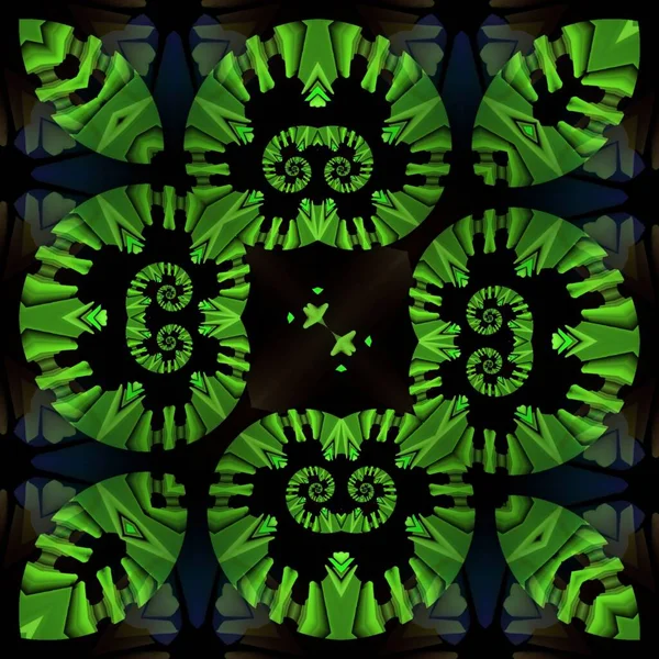 Jasne Neon Zielone Wzory Spiralne Czarnym Tle Generując Wiele Skomplikowanych — Zdjęcie stockowe
