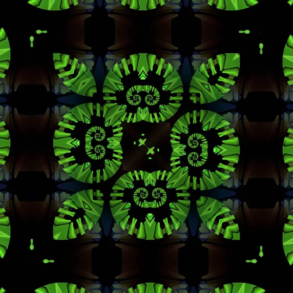 黒を基調とした明るいネオングリーンの螺旋状の模様は 正方形の形式で多くの複雑な形状やデザインを生み出します — ストック写真