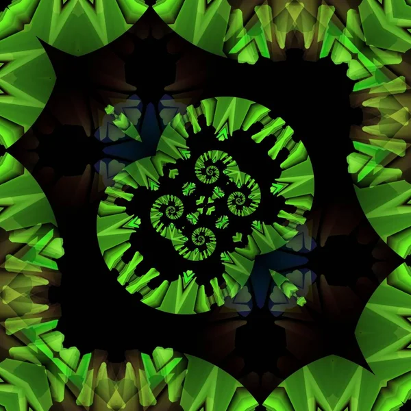 Яскраві Неонові Зелені Спіральні Візерунки Чорному Тлі Генерують Багато Складних — стокове фото