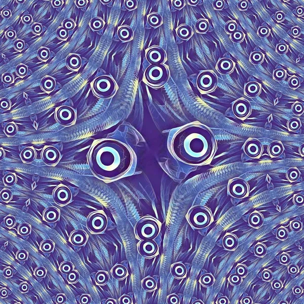 コネクタの目と氷の青効果で抽象的なパターンとデザインとして多くのステンレス編組フレックスホースの作品 — ストック写真