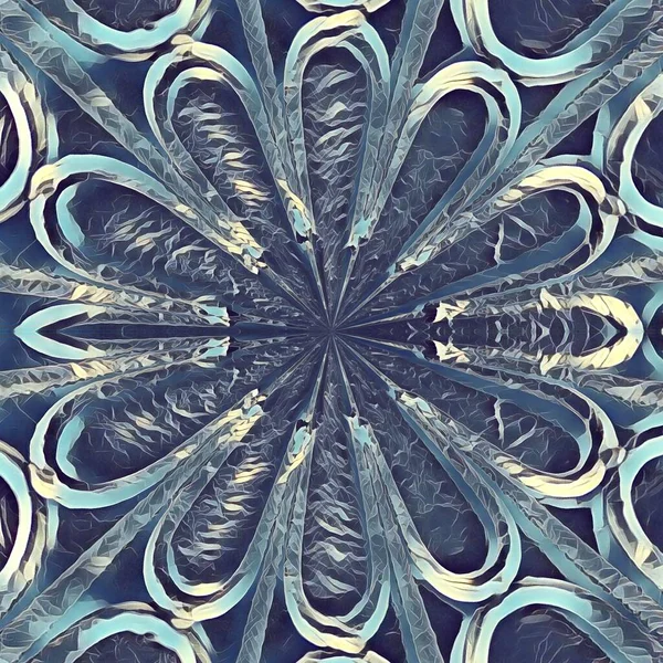 多くの複雑な正方形のフォーマット六角形の雪の結晶スタイルのデザインで青い氷の外観と感触を与えるために変換された錬鉄パターンセキュリティフェンス — ストック写真
