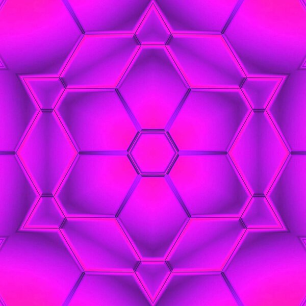 яркий неоново-розовый и фиолетовый с шестиугольными слоями мозаики, а затем трансформируется во многие узоры и конструкции
