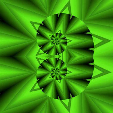 Siyah zemin üzerinde parlak neon yeşil spiral desenler birçok karmaşık şekil ve tasarım oluşturur.