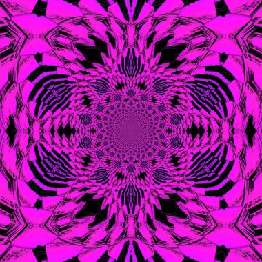 Jet siyah arka planda canlı pembe dikey kule şekilleri vardır ve daha sonra birçok kare format desenleri ve eşsiz tasarımlar üretirler.