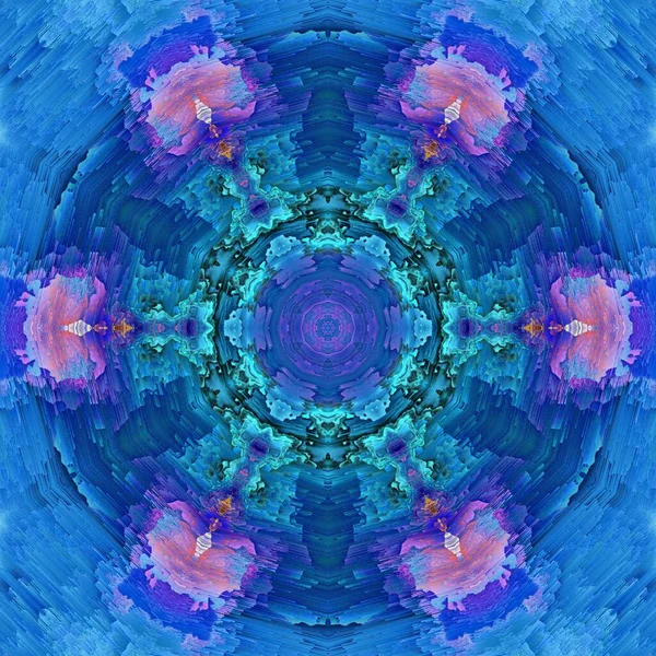 六角形径向花卉奇幻图案中带有粉色紫色和绿松石色的蓝色片状墙面阴影中的花瓣彩绘摘要 — 图库照片