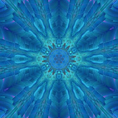 Altıgen radyal çiçekli fantezi tasarımlarda pembe mor ve turkuaz renklerle mavi sarkık duvar yüzeyinin gölgelerinde boyayı soyma soyutu 