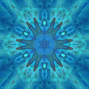 Altıgen radyal çiçekli fantezi tasarımlarda pembe mor ve turkuaz renklerle mavi sarkık duvar yüzeyinin gölgelerinde boyayı soyma soyutu 