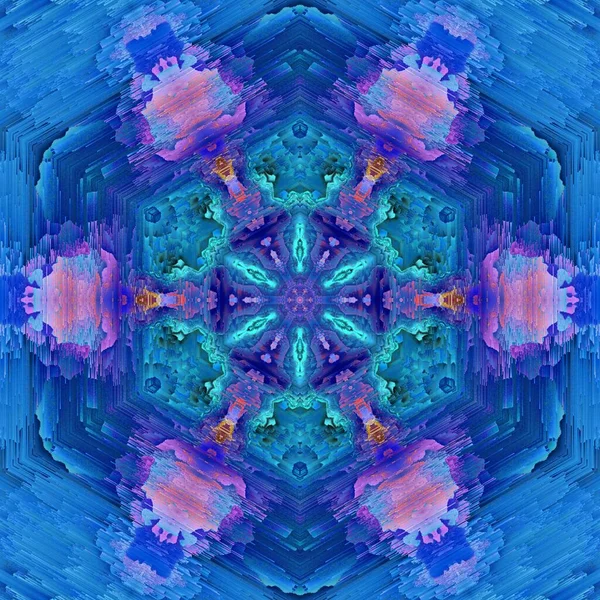 六角形の放射状の花のファンタジーデザインでピンク紫とターコイズ色と青のフレーク状の壁の表面の色合いで魅力的な塗料の抽象 — ストック写真