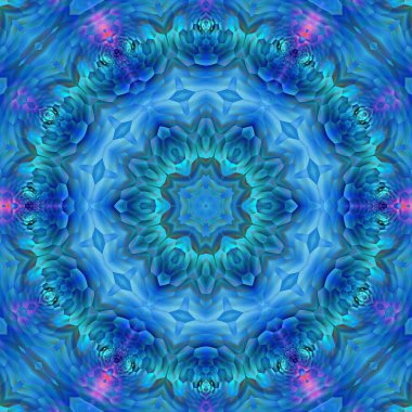 Pembe mor ve turkuaz renkler, altıgen çiçekli fantezi tasarımları olan mavi pul pul duvar yüzeyindeki boyaları soymak.