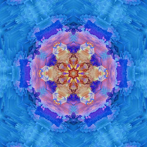 연분홍 청록색을 파란색 표면의 색조에 페인트칠을 추상적 모양의 육각형 꽃무늬 — 스톡 사진