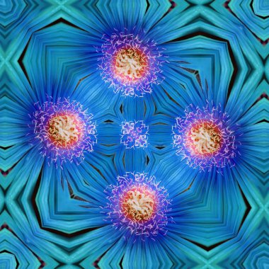 Mavi pullu duvar yüzeyinin tonları içinde pembemsi mor ve turkuaz renkler içeren simetrik soyut boyama bir çiçekten çiçek tarzı fantezi tasarımı