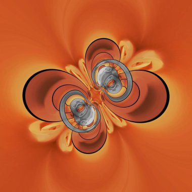 Renkli turuncu çiçek başlarının kolaj koleksiyonu desenli doğal bej renkli gül çiçeğiyle birleştirilerek karmaşık fütüristik geometrik desenlere ve tasarımlara dönüştürüldü.