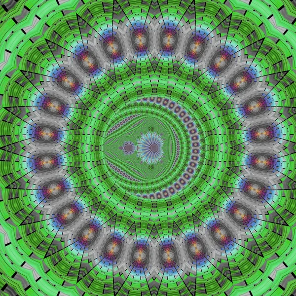 複雑な未来的な幾何学的放射状の円形のパターンやデザインにグレーの屋根のアーキテクチャの緑と色合い — ストック写真