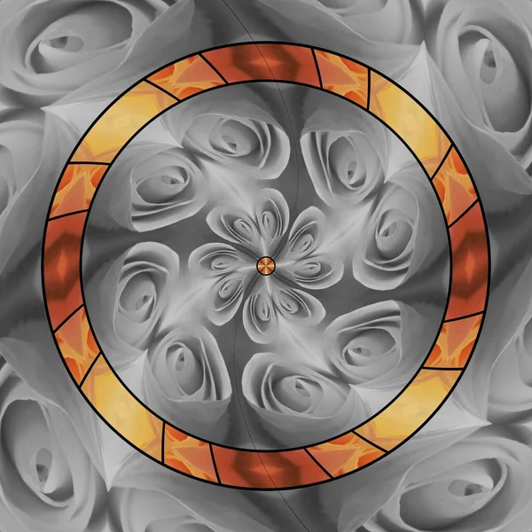 Renkli turuncu çiçek başlarının kolaj koleksiyonu desenli doğal bej renkli gül çiçeğiyle birleştirilerek karmaşık fütüristik geometrik desenlere ve tasarımlara dönüştürüldü.