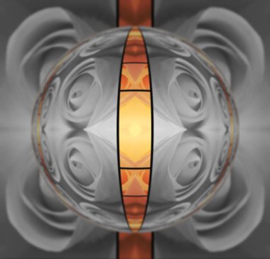 Renkli turuncu çiçek başlarından oluşan kolaj koleksiyonu desenli doğal bej renkli gül çiçeğiyle birleştirilerek karmaşık, fütüristik geometrik desenlere ve cam küreyle tasarlanmış tasarımlara dönüştürüldü.