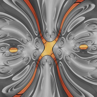 Renkli turuncu çiçek başlarından oluşan kolaj koleksiyonu dokulu doğal bej renkli gül çiçeğiyle birleşince karmaşık fütüristik geometrik desenlere ve karmaşık siklon tarzı tasarımlara dönüştü.