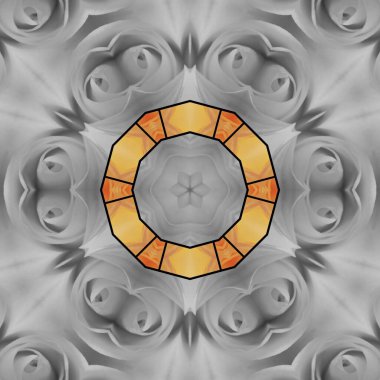 Renkli turuncu çiçek başlarından oluşan kolaj koleksiyonu dokulu doğal bej renkli gül çiçeğiyle birleşince karmaşık fütüristik geometrik desenlere ve karmaşık siklon tarzı tasarımlara dönüştü.