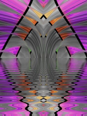 Gri çatı mimarisinin gölgelerine sahip pembe ve mor renkler karmaşık geometrik dairesel şekiller ve dalgalanma etkisi tipi tasarımları oluşturur.