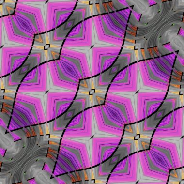 Gri çatı mimarisinin gölgeleriyle pembe ve mor renkli kare biçimli tasarımlar karmaşık geometrik dairesel şekiller oluşturur.