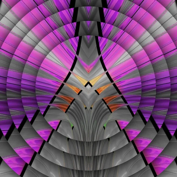 灰色の屋根の建築の色合いとピンクと紫の色複雑な未来的な幾何学的な放射状の円形のパターンと同心円状のデザイン — ストック写真