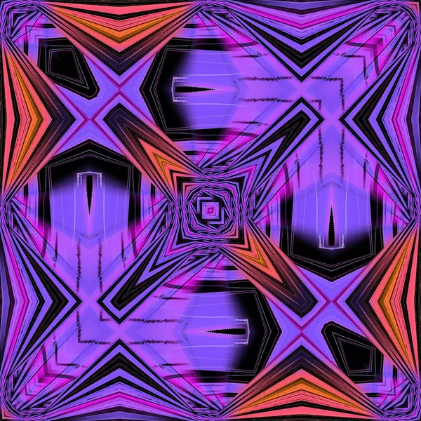 由粉色和紫色阴影构成的正方形对称设计 在黑色背景上呈线性收敛的未来主义形状 通过反射转化为复杂图案 — 图库照片
