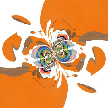 Renkli turuncu çiçek başlarından oluşan kolaj koleksiyonu dokulu doğal bej renkli gül çiçeğiyle birleşince karmaşık fütüristik geometrik desenlere ve karmaşık siklon tarzı tasarımlara dönüştü.