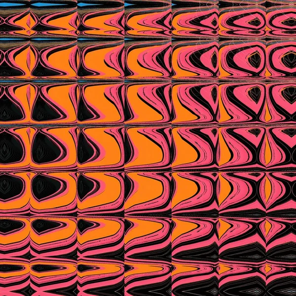 明亮的粉色和生机勃勃的橙色曲线道路黑色表面波浪形几何图案及冰立方体风格设计 — 图库照片