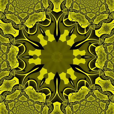 Altıgen çiçekli fantezi radyan tasarımı canlı sarı ve siyah güçlü karmaşık geometrik şekiller ve desenlerden
