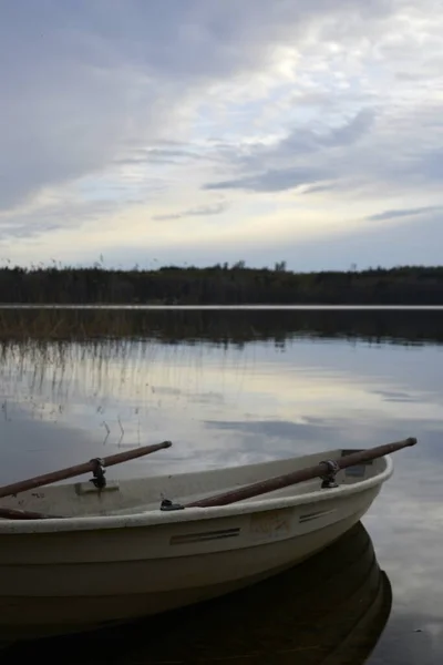 Güney Karelia, Finlandiya, 10 Mayıs 2014, arka planında karanlık orman olan bir kayık. Gökyüzünde güneşli bulutlar.
