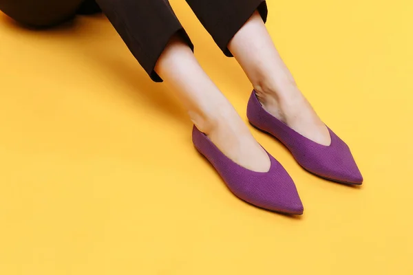 Hermosas Piernas Femeninas Están Vestidas Con Elegantes Zapatos Planos Violetas —  Fotos de Stock