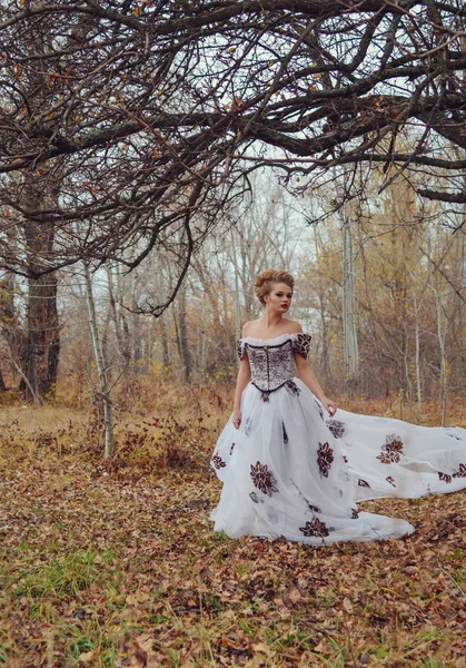 Piękna dziewczyna w białej sukni i jesień — Zdjęcie stockowe