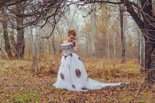 Mooi meisje in een witte jurk en de herfst Stockfoto