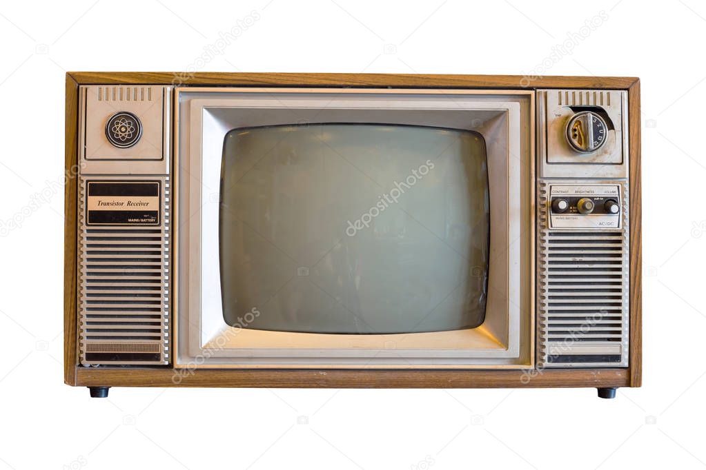 retro tv with wooden frame isolated on white background