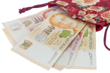 Singapur Doları para beyaz arka plan bir cüzdan.