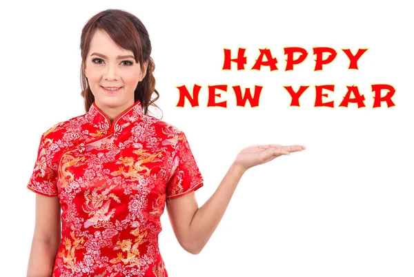 Saludo de chica china asiática en chino tradicional, año nuevo chino — Foto de Stock