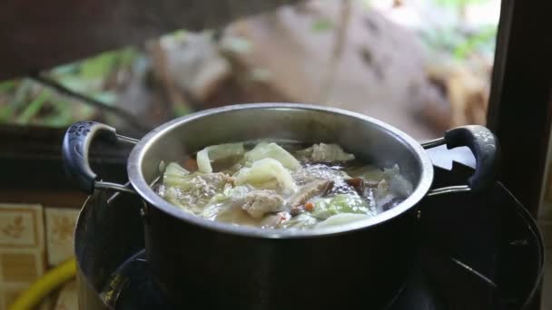 Σούπα στην κατσαρόλα με το βραστό στην κουζίνα — Αρχείο Βίντεο