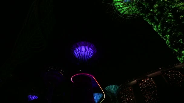 Singapur - 18 listopada: Singapur ogrody parku nad zatoką oświetlone świąteczne piosenki i muzykę w nocy dolly ruch steadycam strzał niski kąt pov na Singapur - listopad 2016. Część 6 — Wideo stockowe