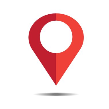 Yer kırmızı simge vektör. Beyaz arka plan PIN tabelada göl kenarında. Navigasyon haritası, gps, yön, yer, Pusula, ilgili kişi, arama kavramı. Düz için grafik tasarım, stil logosu, Web, UI, telefon. Eps10