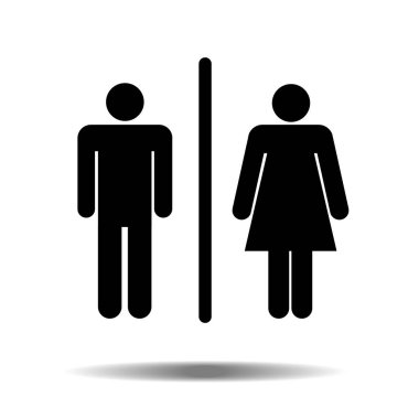 Tuvalet simge vektör. Stil düz yuvarlak wc sembolü, siyah renkli, yuvarlak açılar, beyaz arka plan. Tuvalet illüstrasyon hanımefendi ve beyefendi resimler içerir