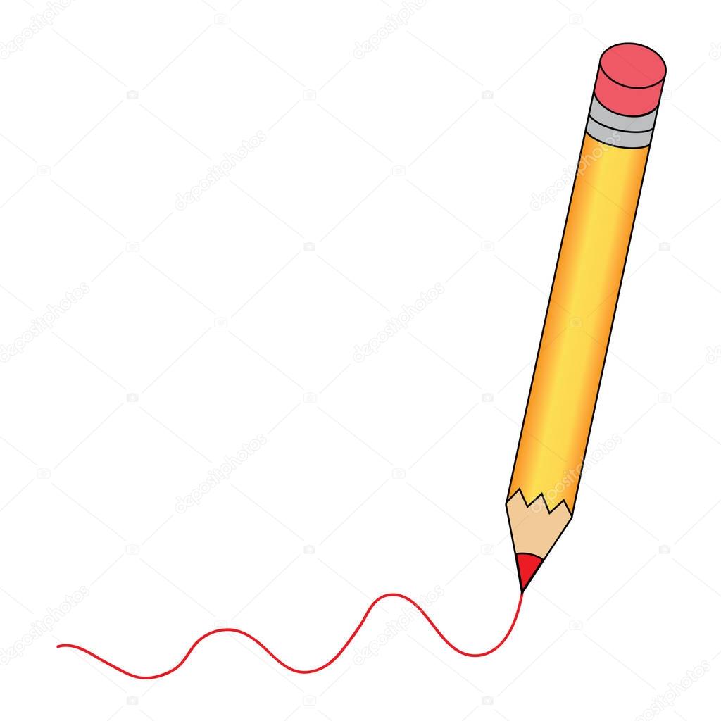 Pencil - vector icon in yellow with a writing red line on isolated white background. Copy space for text. illustration EPS10