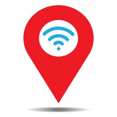 Yer kırmızı simge vektör ile wifi ya da kablosuz mavi kutsal kişilerin resmi. Beyaz arka plan PIN tabelada göl kenarında. Navigasyon haritası, gps, yön, yer, Pusula, ilgili kişi, arama kavramı veya iade etme.