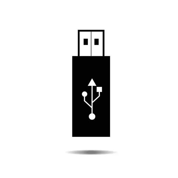 Negro usb icono de la unidad flash con símbolo y sombra, vector aislado sobre fondo blanco. Conectores y enchufes para PC y dispositivos móviles . — Vector de stock