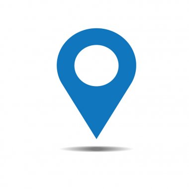 Konum mavi simge vektör. Beyaz arka plan PIN tabelada göl kenarında. Navigasyon haritası, gps, yön, yer, Pusula, ilgili kişi, arama kavramı. Düz için grafik tasarım, stil logosu, Web, UI, telefon. Eps10
